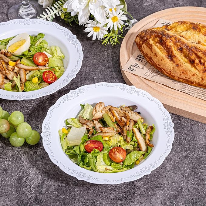 DaYammi 100 Pack Plastic Bowls with Silver Rim, 12oz Disposable Soup Bowls, Heavy Duty Dinner Bowls for Weddings, Parties, Dinners, Catering and Everyday Use