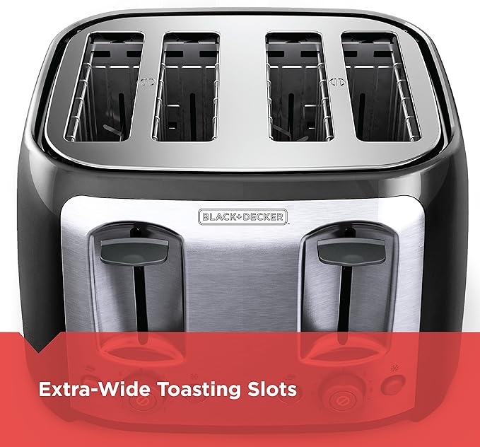 BLACK+DECKER 4-Slice Toaster, Extra Wide Slots, 7 Shade Settings, 1400 Watts, Frozen and Bagel Buttons, Toast Shade Selector, Extra Lift