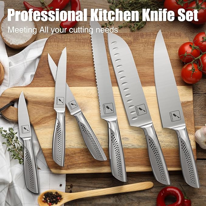 imarku® Knife Set, Japanese HC Stainless Steel 15 PCS Kitchen Knife Set With Block With Built-in Sharpener, Razor-Sharp Blade Knife Block Set With Dotted Ergomomic Handle, Best Birthday Gifts, White