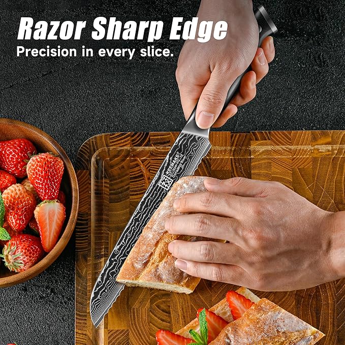 KEEMAKE Serrated Bread Knife, 8 Inch Japanese Damascus Kitchen Knife Wave Edge with G10 Ergonomic Handle, Cake Cutter Bread Slicing Knife for Sourdough Loaf Ciabatta