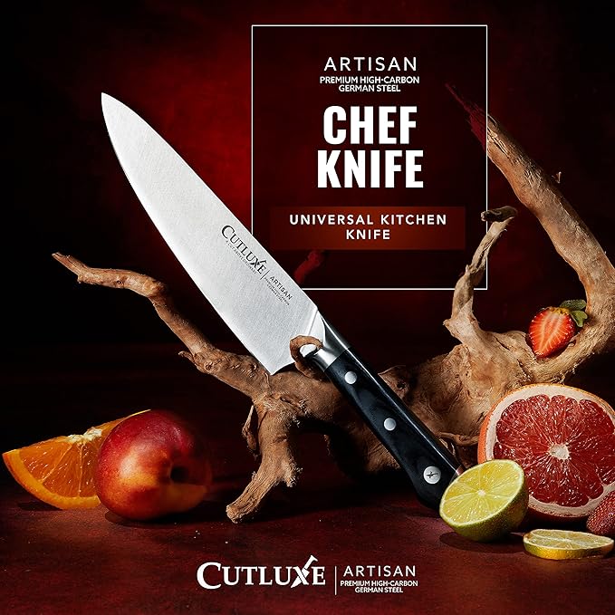 Cutluxe Chef Knife – 8" Kitchen Knife, German High Carbon Steel, Full Tang, Ergonomic Handle Design, Sheath Included – Artisan Series