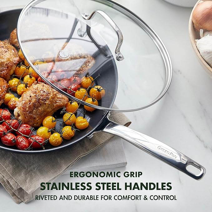 GreenPan Chatham Black Prime Midnight Hard Anodized Healthy Ceramic Nonstick, 12" Frying Pan Skillet with Lid, PFAS-Free, Dishwasher Safe, Oven Safe, Black