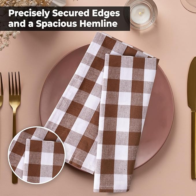 Urban Villa Cloth Napkins 100% Cotton Dinner Napkins Highly Absorbent 20x20 Inches (Set of 12) Brown White Buffalo Checks Reusable Washable Soft Durable Premium Napkins Ideal for Home Wedding Parties