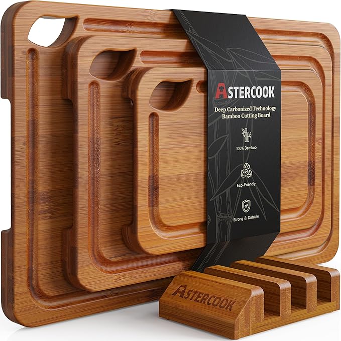 Astercook Deep-Carbonized Bamboo Cutting Boards for Kitchen with Wood Storage Stand, Reversible Charcuterie & Chopping Boards with Juice Grooves and Easy-Grip Handles, Knife-Friendly, Kitchen Gift