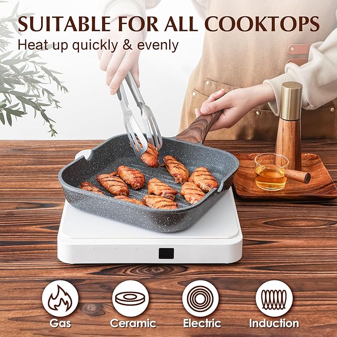 SENSARTE Nonstick Grill Pan for Stove Tops, Versatile Griddle with Pour Spouts, Square Big Cooking Surface, Durable Skillet Indoor & Outdoor Grilling. PFOA Free,12Inch