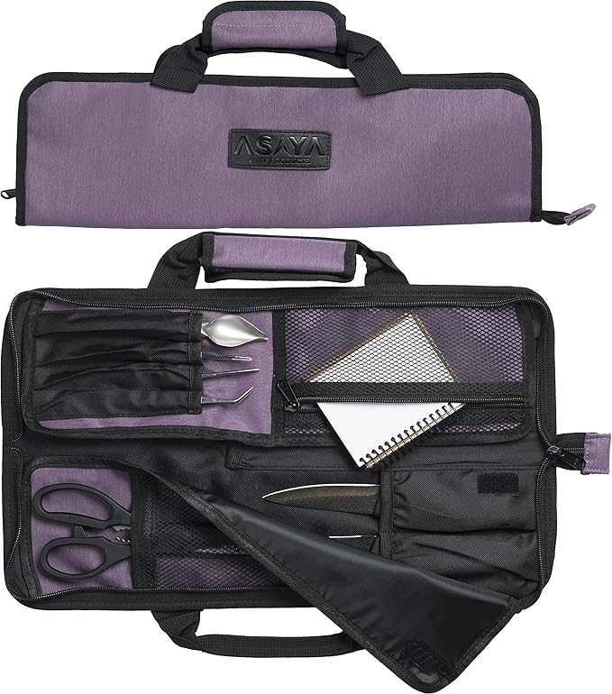 Asaya Chef Knife Roll Bag - 12 Pockets for Knives and Kitchen Utensils - Lightweight, Durable, and Stain Resistant Nylon - Perfect for the Traveling Chef - Knives not Included (Purple)