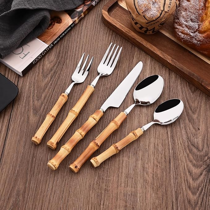 30PCS Silverware Set for 6, Bamboo Handle Flatware Set, Stainless Steel Cutlery Set for Home Restaurant and Party, Bamboo Forks Spoons and Knives Set, Polished Tableware
