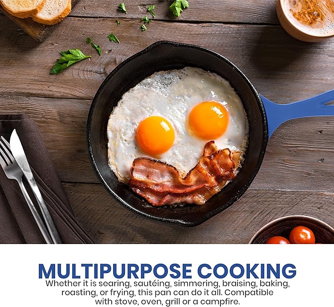 Utopia Kitchen Skillet 6.5 Inch, Cast Iron Chefs Pan, Pre Seasoned Skillet, Safe Grill Cookware for Indoor & Outdoor Use, Blue