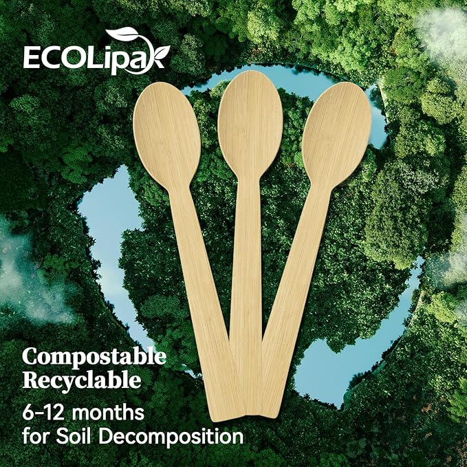 ECOLipak 300 Count Bamboo Spoons Disposable, 6.7 Inch No Splinters Heavy Duty Bamboo Disposable Compostable Spoons for Party, Wedding, Camping, Traveling, Family Dinners, Large Events