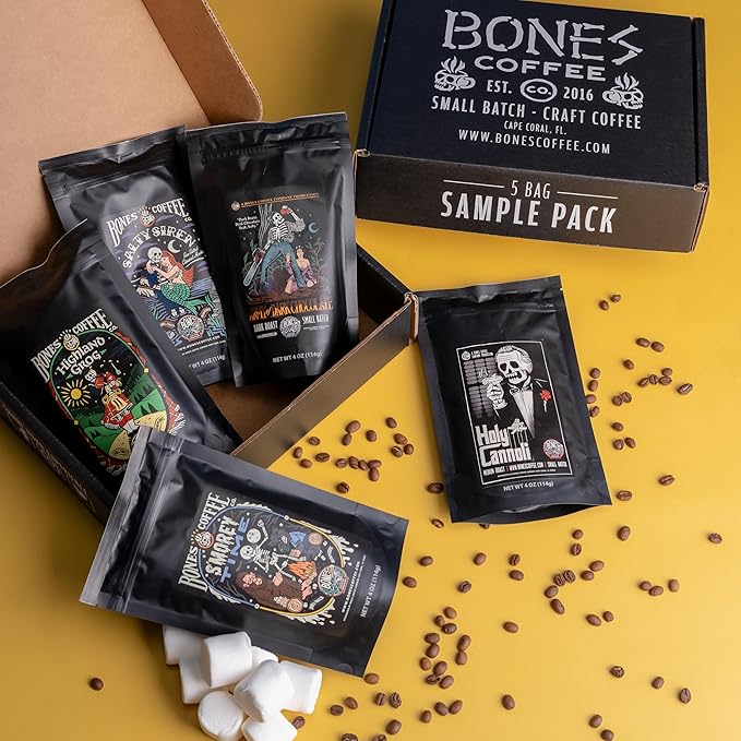 Bones Coffee Company NEW Favorite Flavors Sample Pack, Assorted Flavored Coffee Medium Roast Arabica Beans Specialty Coffee Gifts, Auto Drip and French Press Compatible, 4 oz Pack of 5 Whole Bean