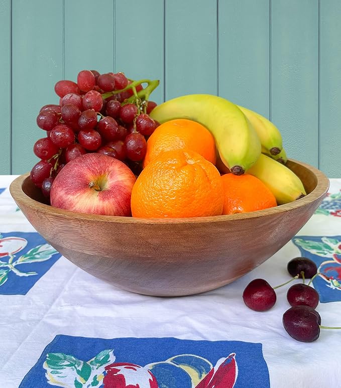 Large Wooden Salad Bowl Set - 1/2" Thick Mango Wood Serving Bowl with Utensils, Rustic Wooden Mixing Bowls, Decorative Kitchen Dinnerware for Popcorn, Pasta, & Chips, Dishes - 12 Inch