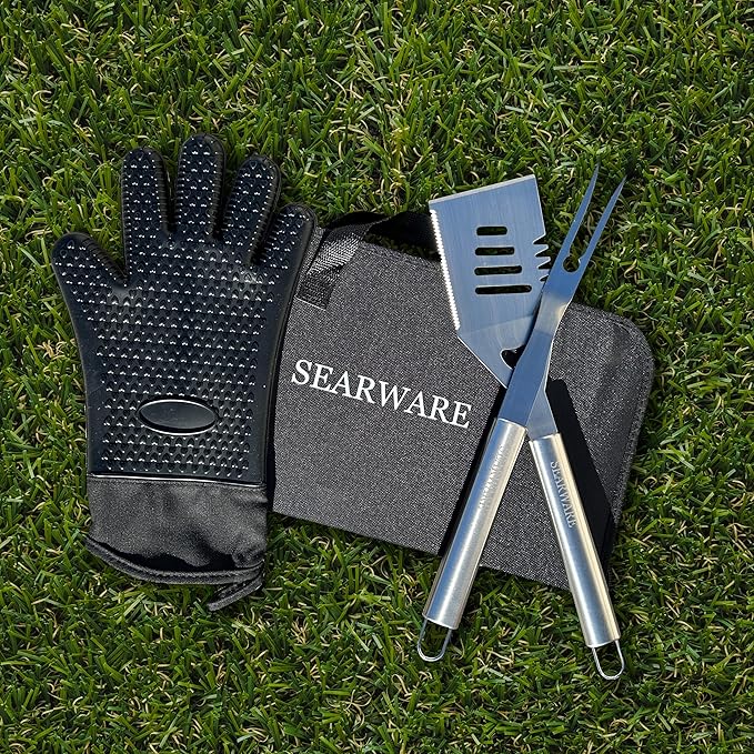 Barbecue Grill Tool Set - Stainless Steel - Strong Durable Design - Heat Resistant Glove & Bristle Free Grill Brush - Thermometer, Meat Injector, & Corn Skewers - Perfect For Smokers & Grills