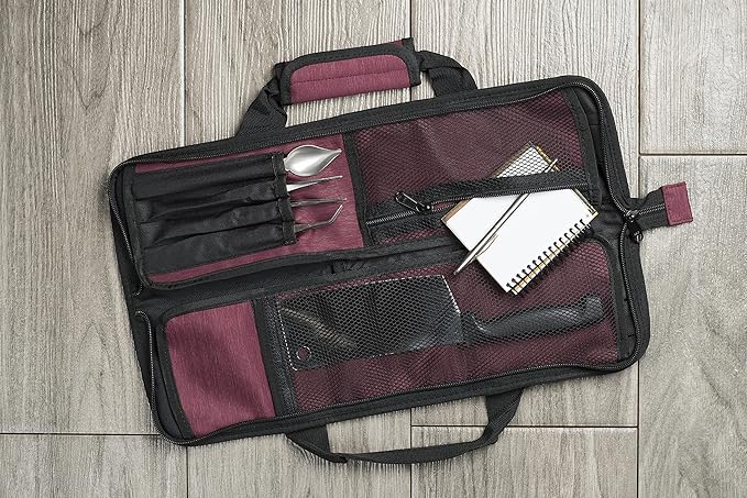 Asaya Chef Knife Roll Bag - 12 Pockets for Knives and Kitchen Utensils - Lightweight, Durable, and Stain Resistant Nylon - Perfect for the Traveling Chef - Knives not Included (Red)