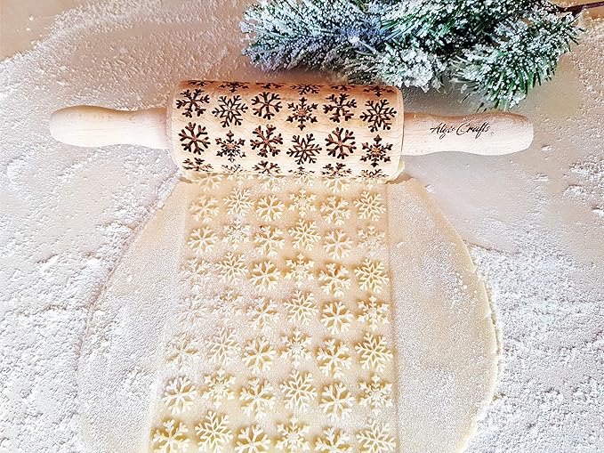 CHRISTMAS 3 Mini Embossed Rolling Pin Set Wooden Laser Engraved Textured rolling pins with Snowflakes, Elks, Christmas Trees and Gifts for Cookies by Algis Crafts