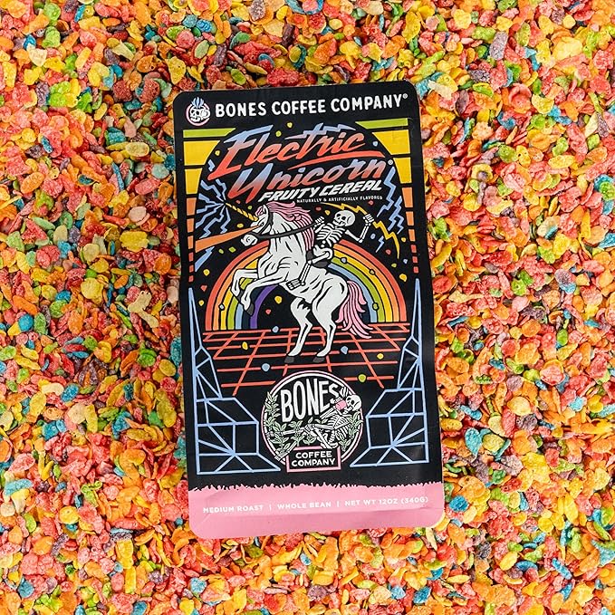 Bones Coffee Company Electric Unicorn, Fruity Cereal With Milk Flavored Coffee, Medium Roast Low Acid Arabica Beans Compatible with Auto drip and French Press Coffee Maker, 12 Oz Whole Bean