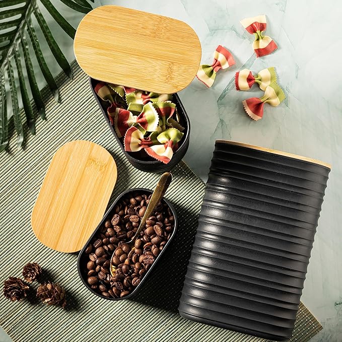 Mixpresso Black Canisters Sets for the Kitchen – 3-Piece Airtight Plastic Sugar Container Set with Bamboo Lids in Three Different Sizes – Decorative Modern Storage Jars for Coffee, Tea & Countertops