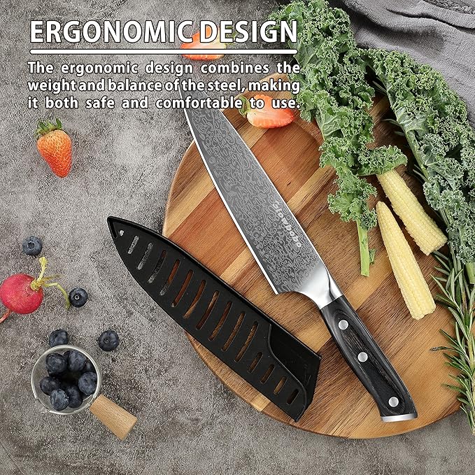 8 Inch Chef Knife 5Cr15MoV High Carbon Steel Professional Kitchen Knife Razor Sharp Blade with Non Slip natural colorwood Handle and Gift Box Blade Guard Finger Guard Sharpener Included