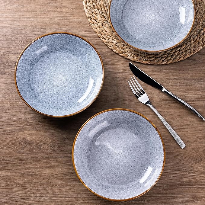 AmorArc 8.5'' Large Pasta Bowls, 36oz Ceramic Salad Serving Bowls Set of 6 for Kitchen, Wide Stoneware Bowls for Pasta,Salad,Fruit,Bread, Microwave Safe, Reactive Glaze-Blue